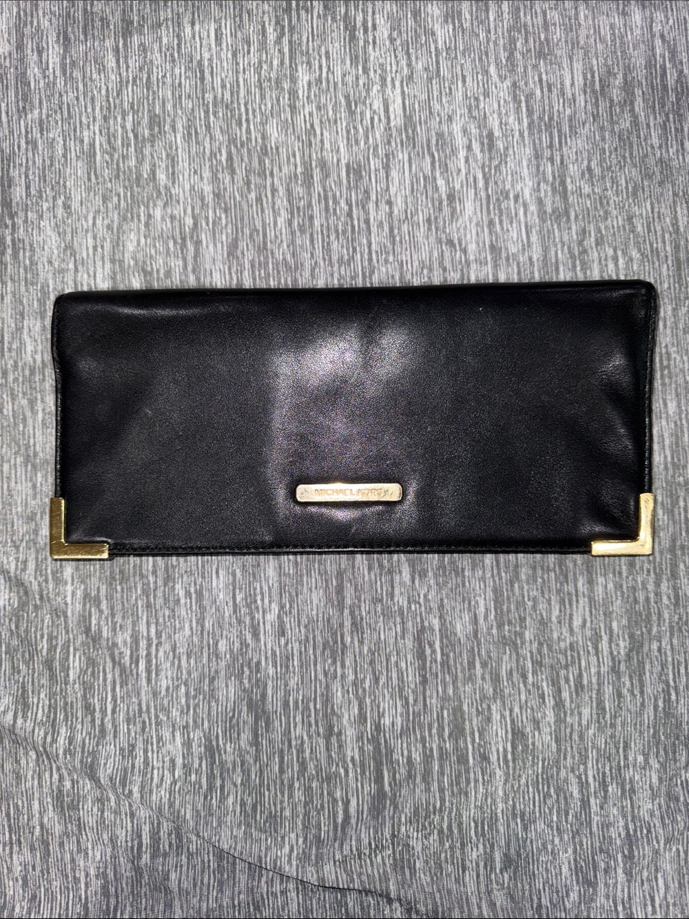 Michael Kors Black Leather Clutch with Gold Corner Accents